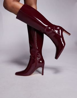 Public Desire Public Desire Pose square toe heeled knee boots in burgundy-Red