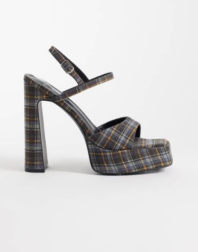 Public Desire Public Desire Retro platform heeled sandals in plaid blue