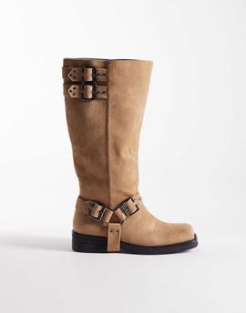Public Desire Public Desire Rooftop harness knee boots in taupe suedette-Neutral