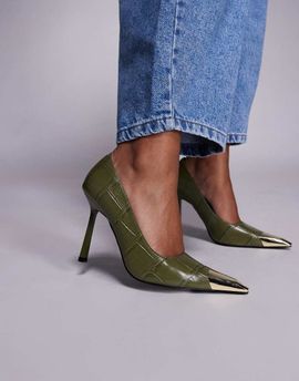 Public Desire Public Desire Rotate heeled pumps in green croc with gold toe caps