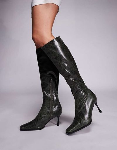 Public Desire Public Desire Scorpion square toe heeled knee boots in retro gray cracked