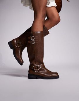 Public Desire Public Desire Sirius flat harness knee boots in Tan-Brown