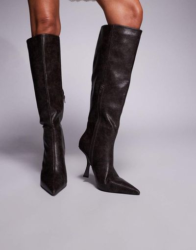 Public Desire Public Desire Third Date high heeled knee boots in distressed brown