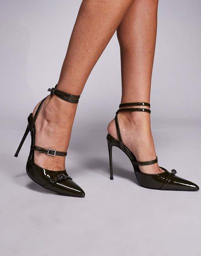 Public Desire Public Desire Viper strappy pointed toe heeled shoes in green patent