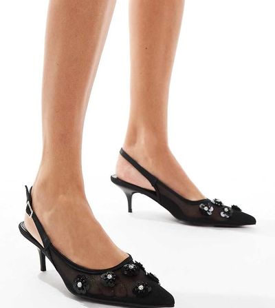 Public Desire Wide Fit Public Desire Kyle Wide Fit sling back pointed kitten heels with 3D embellished flowers in black-Silver