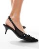 Public Desire Wide Fit Public Desire Kyle Wide Fit sling back pointed kitten heels with 3D embellished flowers in black-Silver - 3