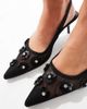Public Desire Wide Fit Public Desire Kyle Wide Fit sling back pointed kitten heels with 3D embellished flowers in black-Silver - 4
