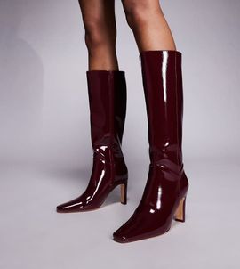 Public Desire Wide Fit Public Desire Wide Fit Pose square toe heeled knee boots in burgundy-Red
