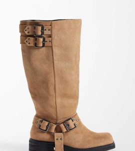 Public Desire Wide Fit Public Desire Wide Fit Rooftop harness knee boots in taupe suedette-Neutral