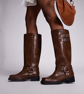 Public Desire Wide Fit Public Desire Wide Fit Sirus flat harness knee boots in tan-Brown