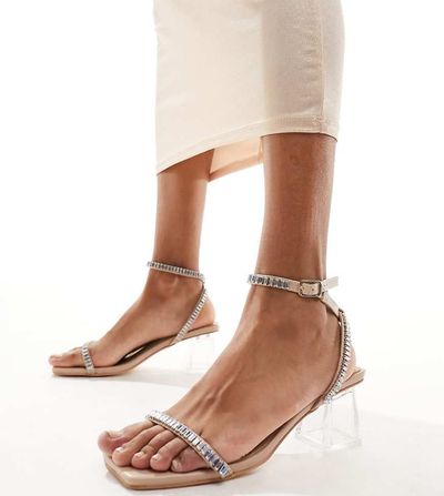 Public Desire Wide Fit Public Desire Wide Fit Slay clear block heeled sandals with embellished strap in silver-Neutral