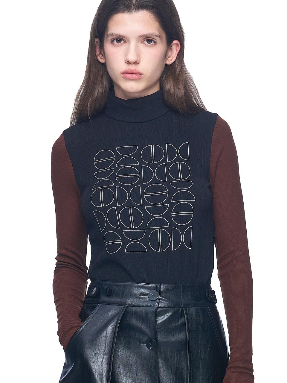 PUBLICKA X TARU PRINTED TURTLE NECK TOP, BLACK + BROWN