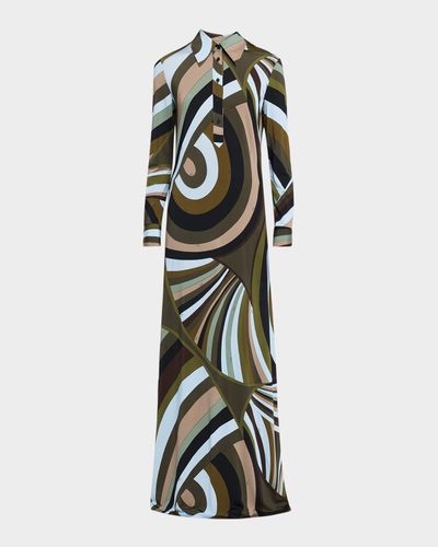 Pucci Iride-Print Jersey Long-Sleeve Maxi Shirtdress