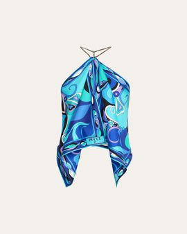 Pucci Men's Silk Twill Orchidee-Print Halter-Chain Top