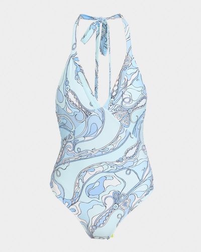 Pucci Plunging Orchidee-Print Halter One-Piece Swimsuit