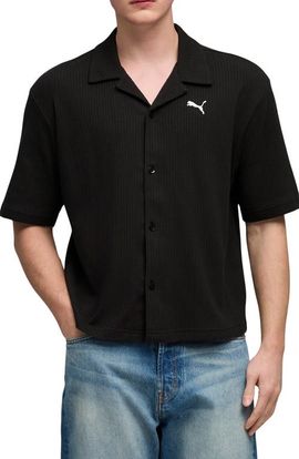 PUMA PUMA Wardrobe Essentials Waffle Knit Boxy Button-Up Shirt