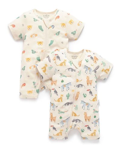 Purebaby Purebaby Boys' 2 Pack Short Sleeve Zip Romper Animal