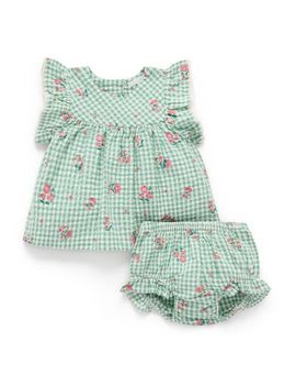 Purebaby Purebaby Gingham Frida Ruffle Top & Bloomer Set