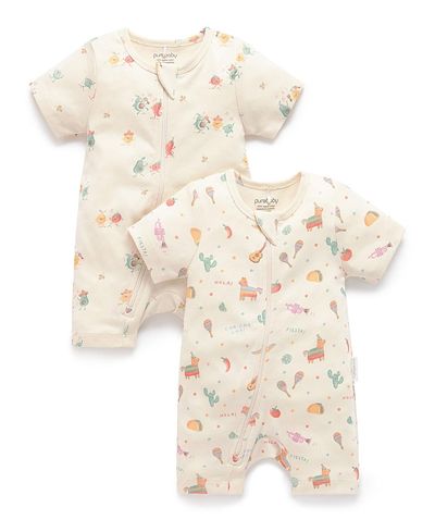 Purebaby Purebaby Unisex 2 Pack Short Sleeve Zip Romper Pinata