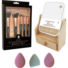 PURSONIC PURSONIC Beauty Essentials Set Studio Makeup Brush Set, Multi Shape Sponges, and Dual Sided Vanity Mirror with Base