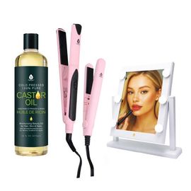 PURSONIC PURSONIC Salon Flat Iron, 14" LED Vanity Mirror & 100% Pure Castor Oil