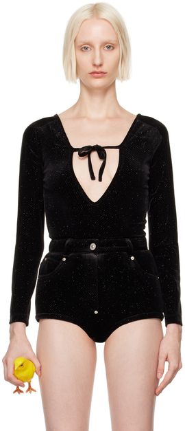 Pushbutton Pushbutton Black Front Self Tie Bodysuit
