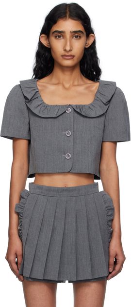 Pushbutton Pushbutton Gray Frilled Neck Cropped Top