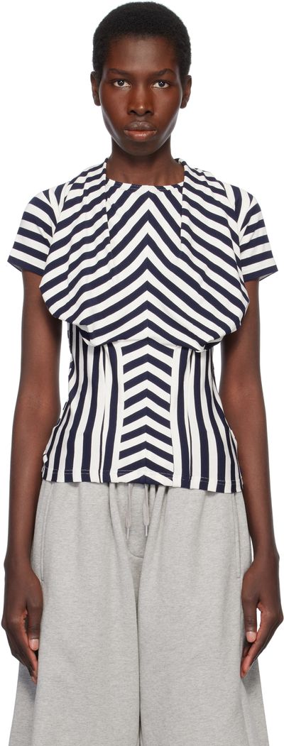 Pushbutton Pushbutton Navy & White Stripe Bra Draping Jersey T-shirt