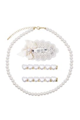 Puttisu Puttisu Kids’ Pearl Necklace & Ivory Heart Hair Clip 4-Piece Set 