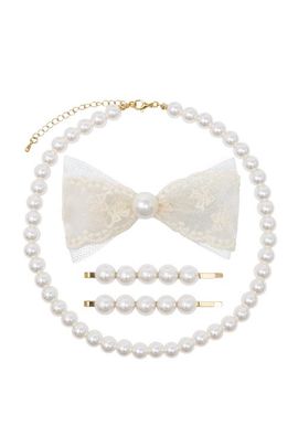 Puttisu Puttisu Kids’ Pearl Necklace & Lace Bow Hair Clip 4-Piece Set