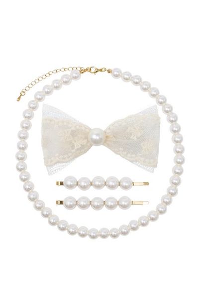 Puttisu Puttisu Kids’ Pearl Necklace & Lace Bow Hair Clip 4-Piece Set
