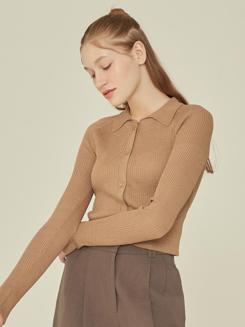 QUAFE CROP KNIT COLLAR CARDIGAN [Beige]