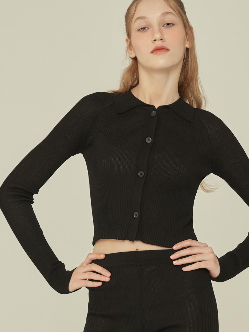 QUAFE CROP KNIT COLLAR CARDIGAN [Black]