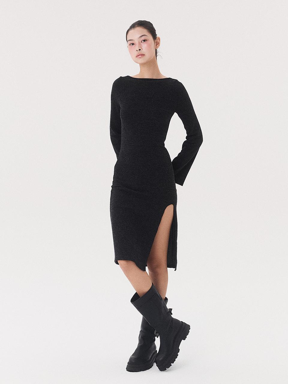 QUAFE KNIT LONG SLIT DRESS [melange grey]