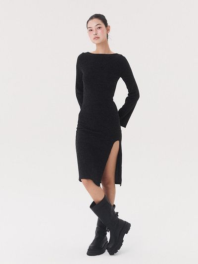 QUAFE KNIT LONG SLIT DRESS [melange grey]