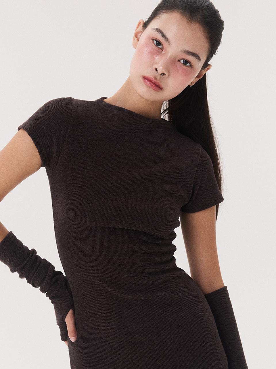 QUAFE KNIT ONEPIECE WARMER SET DRESS [BROWN]