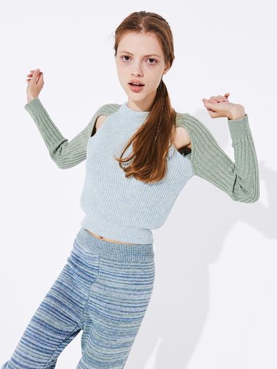 QUAFE SLIT BANDING KNIT TOP [Blue green]