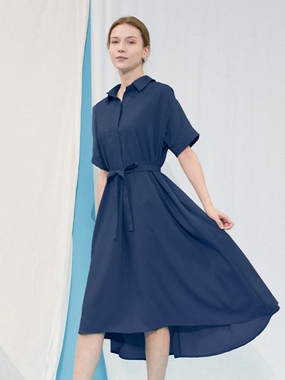 QUEEN STYLE Back-strap Linen-like Dress [NAVY]