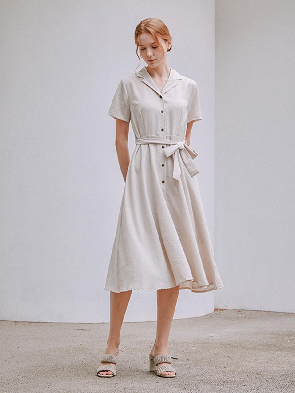 QUEEN STYLE Belted Collar Neck Shirt-Style Long Dress [beige]