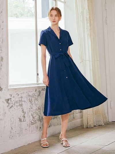 QUEEN STYLE Belted Collar Neck Shirt-Style Long Dress [NAVY]