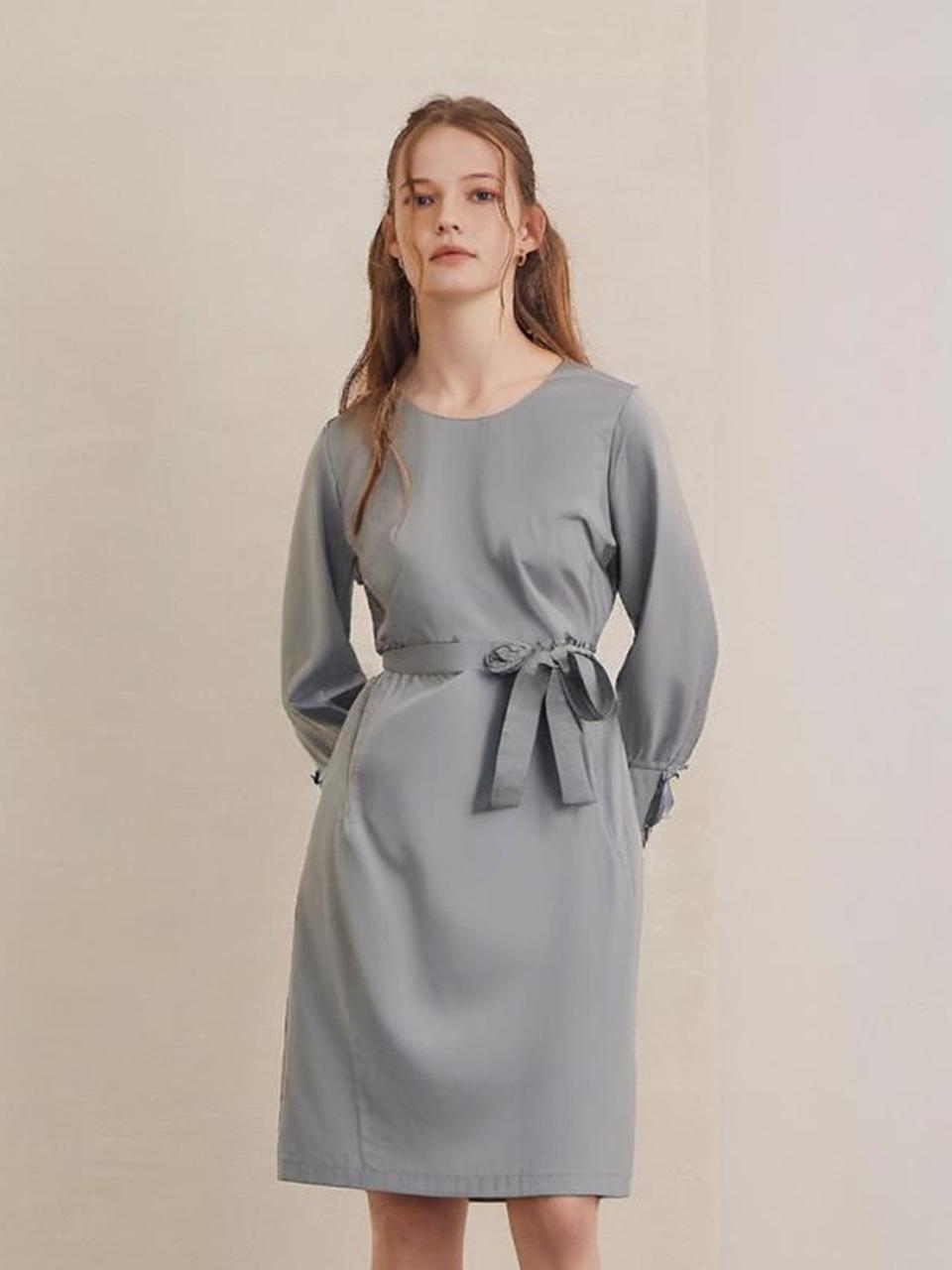 QUEEN STYLE Belted Stretch Maxi Dress [SKY BLUE]
