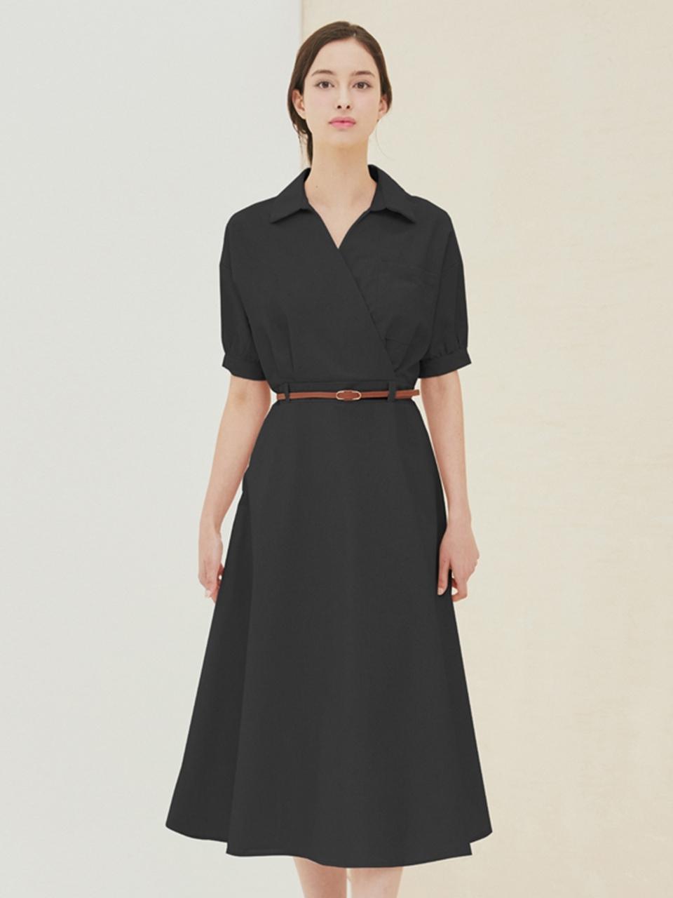QUEEN STYLE Belted Wrap Dress [BLACK]