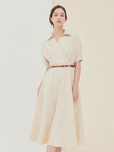 QUEEN STYLE Belted Wrap Dress [Melange Beige]