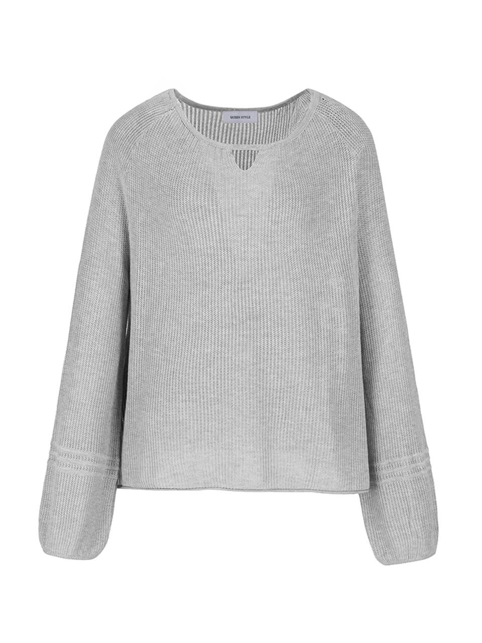 QUEEN STYLE Breeze Soft Waffle V-Neck Knit Sweater [Light Grey]