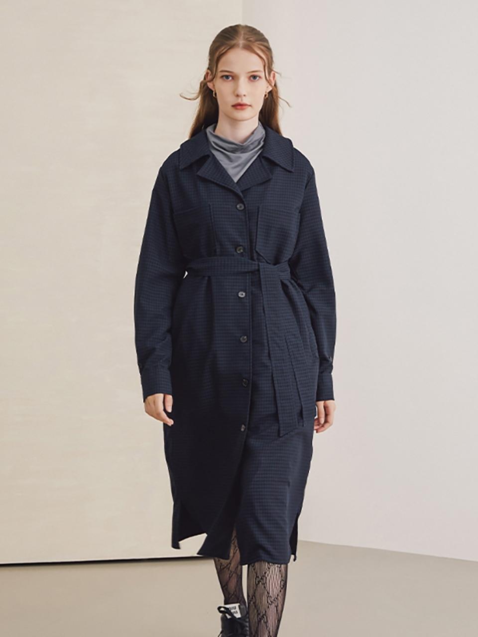 QUEEN STYLE Check Pattern Belted Shirt Dress [DK-NAVY]