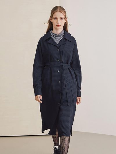 QUEEN STYLE Check Pattern Belted Shirt Dress [DK-NAVY]