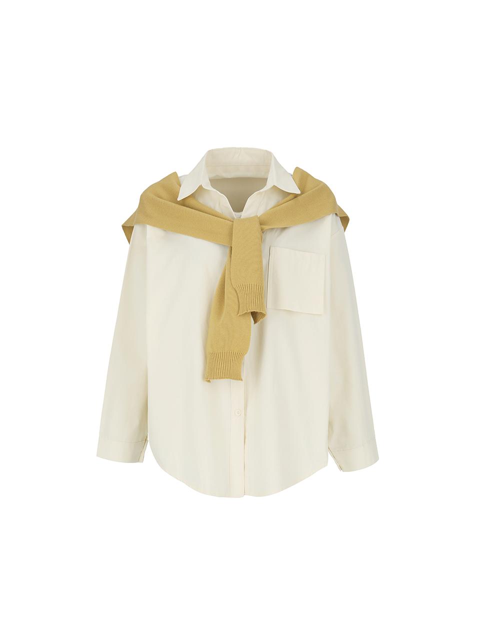 QUEEN STYLE Collar Neck Cotton Shawl Muffler Set Shirt [BEIGE]