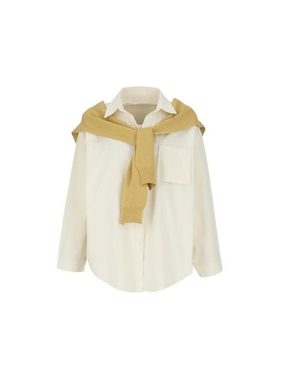 QUEEN STYLE Collar Neck Cotton Shawl Muffler Set Shirt [BEIGE]