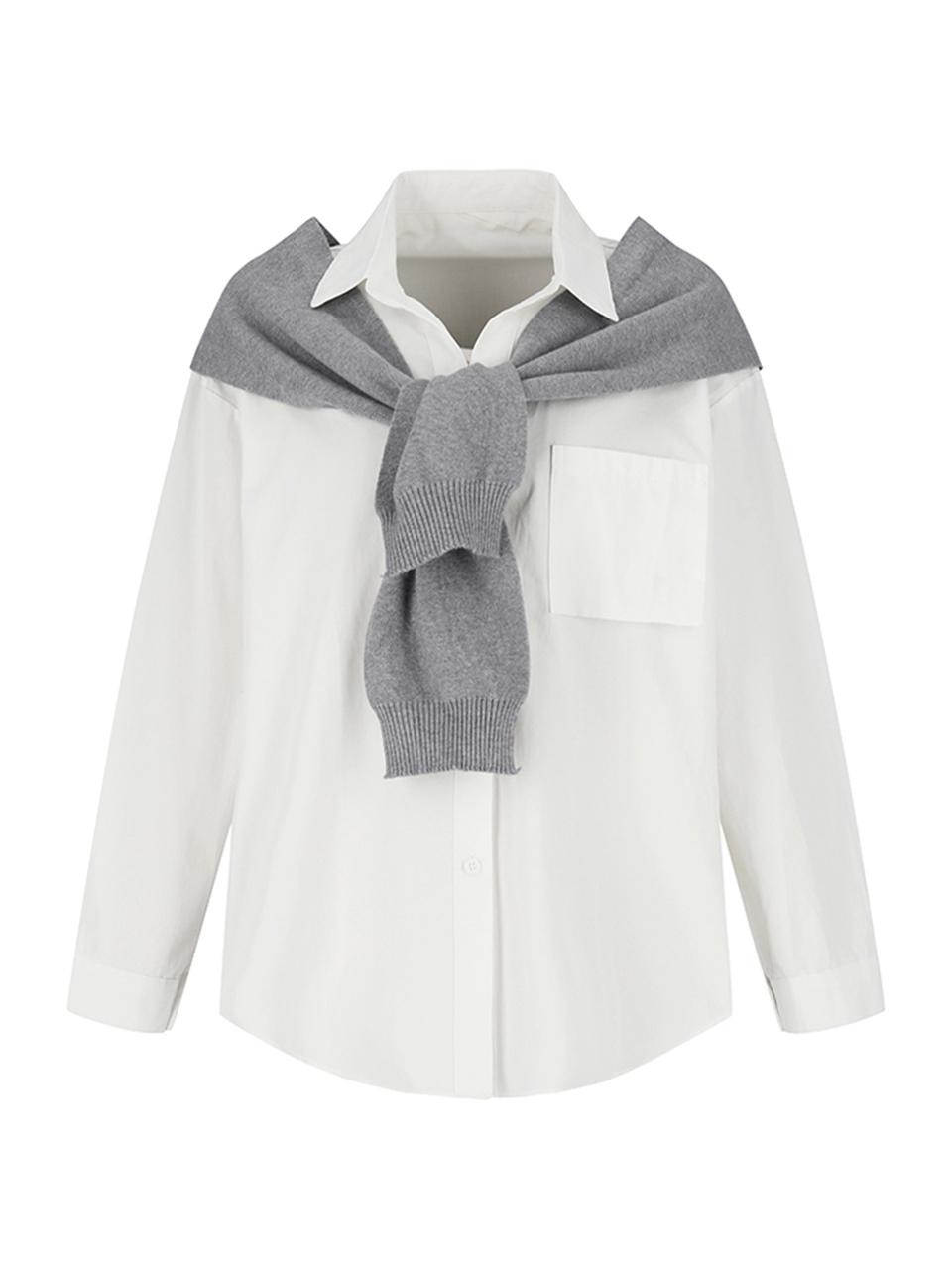 QUEEN STYLE Collar Neck Cotton Shawl Muffler Set Shirt [WHITE]