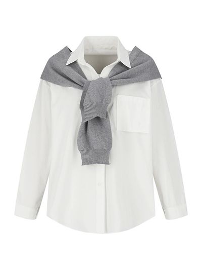 QUEEN STYLE Collar Neck Cotton Shawl Muffler Set Shirt [WHITE]